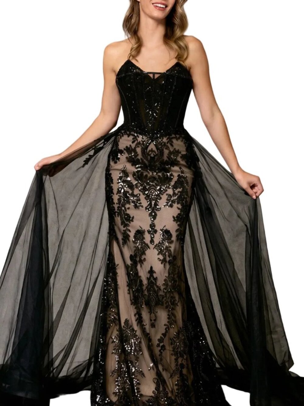 BLACK/NUDE FORMAL DRESS.STRAPLESS SWEETHEART FITTED TULLE EMBROIDERED PARTY GOWN